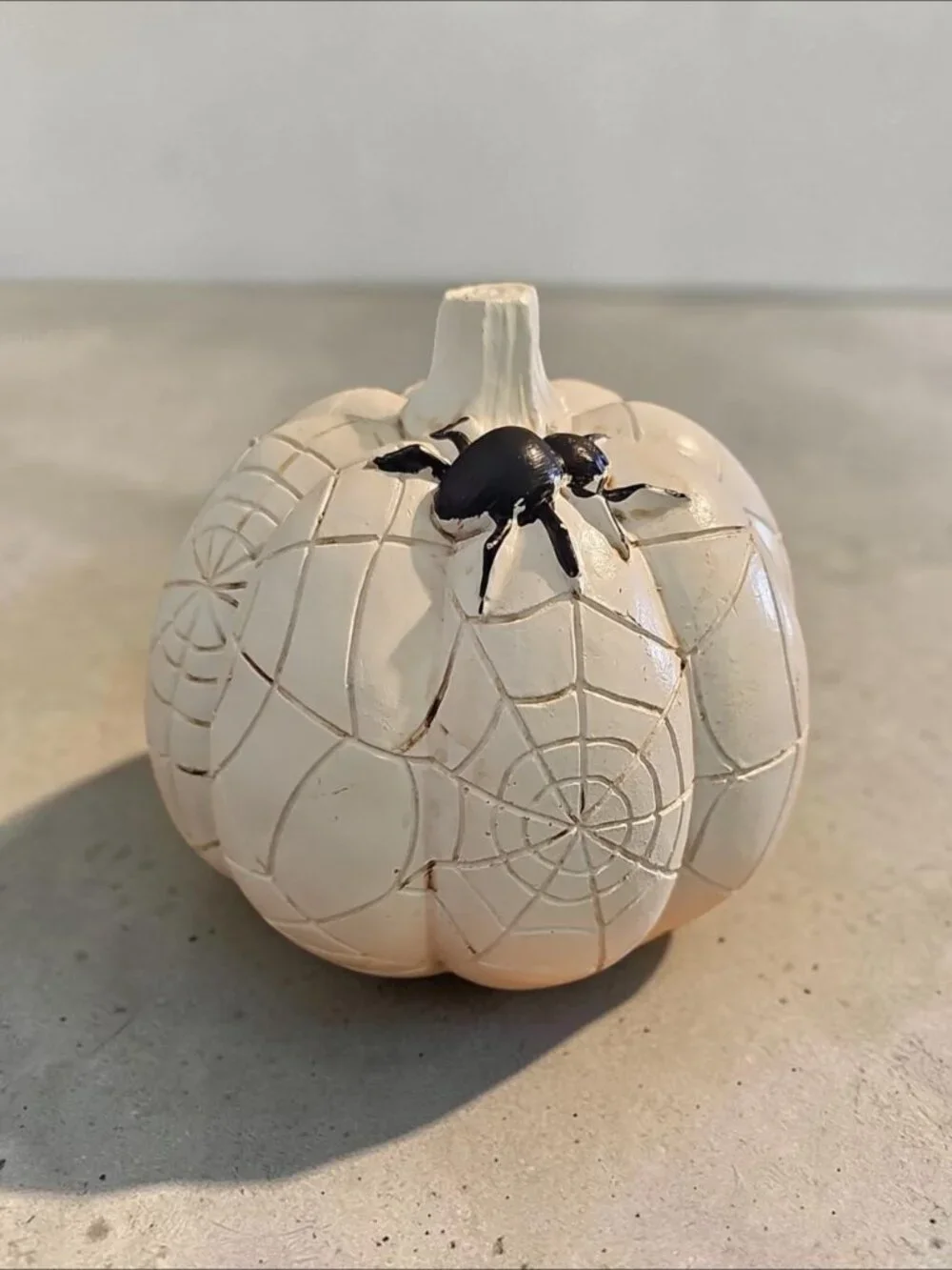 Spooky Pumpkin Décor – White Pumpkin with Spider & Web Carvings – Halloween